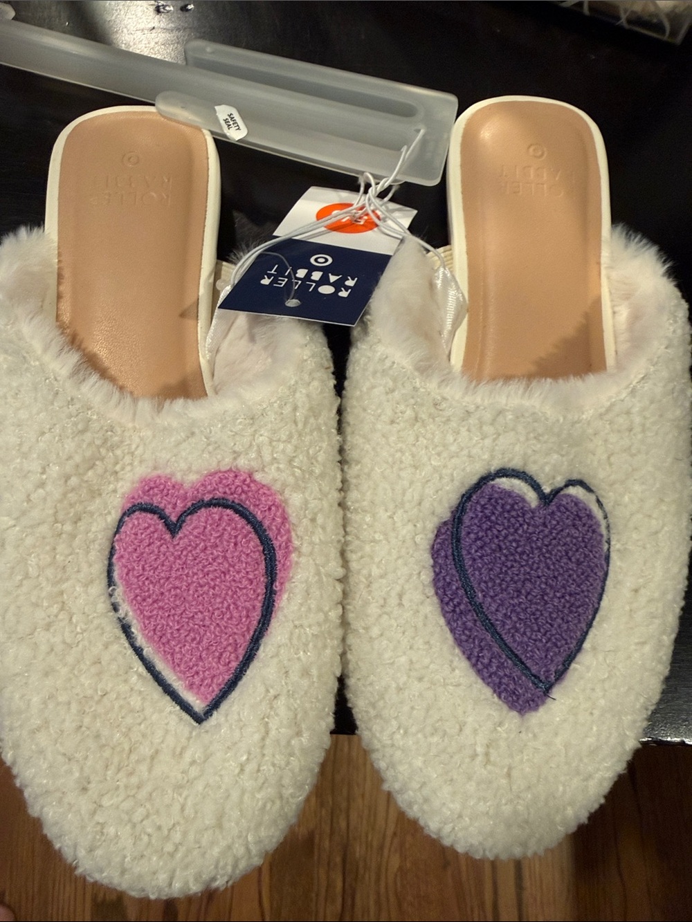 NET Roller Rabbit Cream Slide Slippers with Pink & Purple Hearts Sz 5/6
